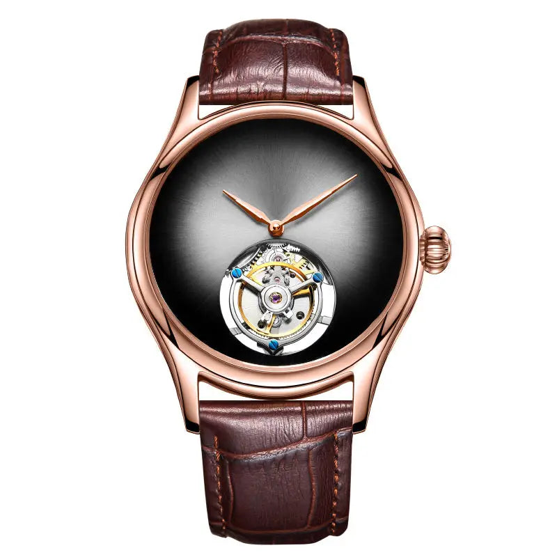 A luxury men's analog watch featuring a rose gold case, a black dial with a visible mechanical movement at the bottom center, and a brown leather strap.