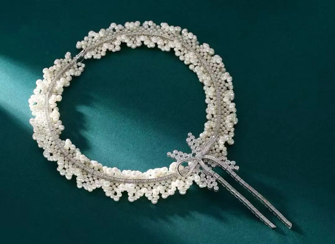 8.96ct Diamond Pearl Necklace 18K White Gold Women's