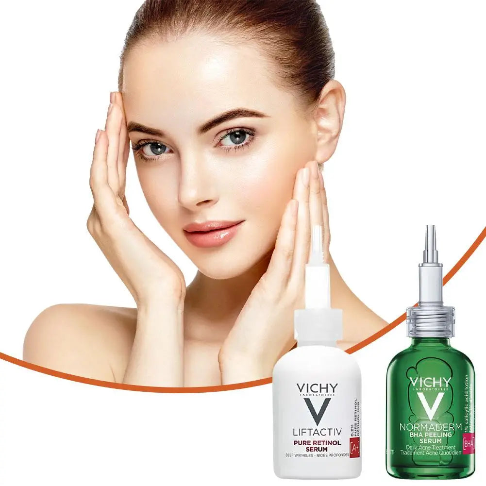 Vichy skincare products with a woman touching her face on a white background