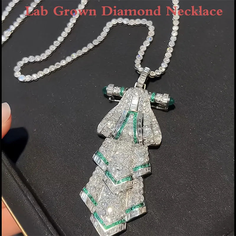 Lab Diamond Brooch Necklace – Round & Emerald Cut Gem