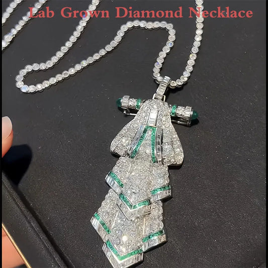 Lab Diamond Brooch Necklace – Round & Emerald Cut Gem