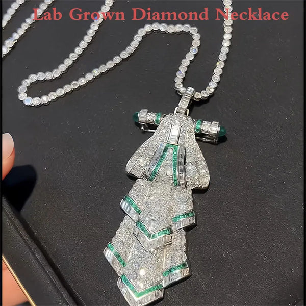 Lab Diamond Brooch Necklace – Round & Emerald Cut Gem