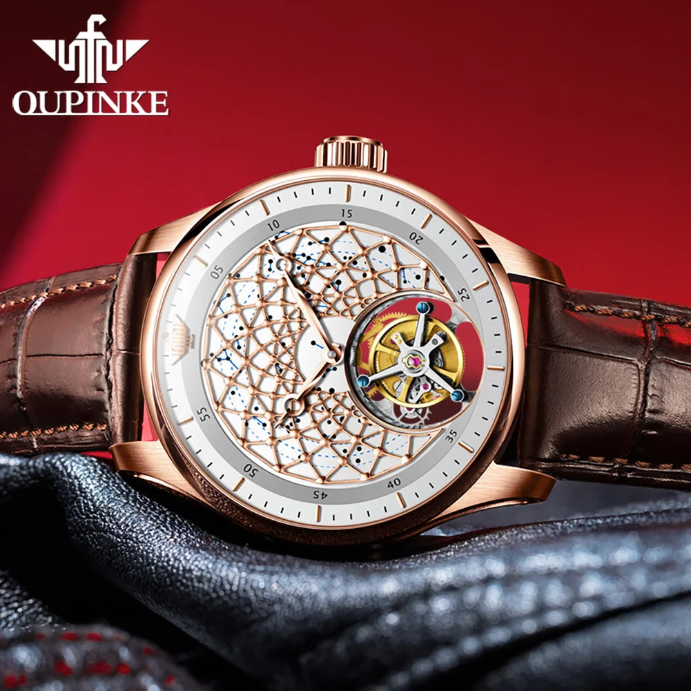 A QUPINKE automatic skeleton watch with a rose gold case, brown leather strap, and a detailed white dial showing the inner gear mechanism, set against a red background.