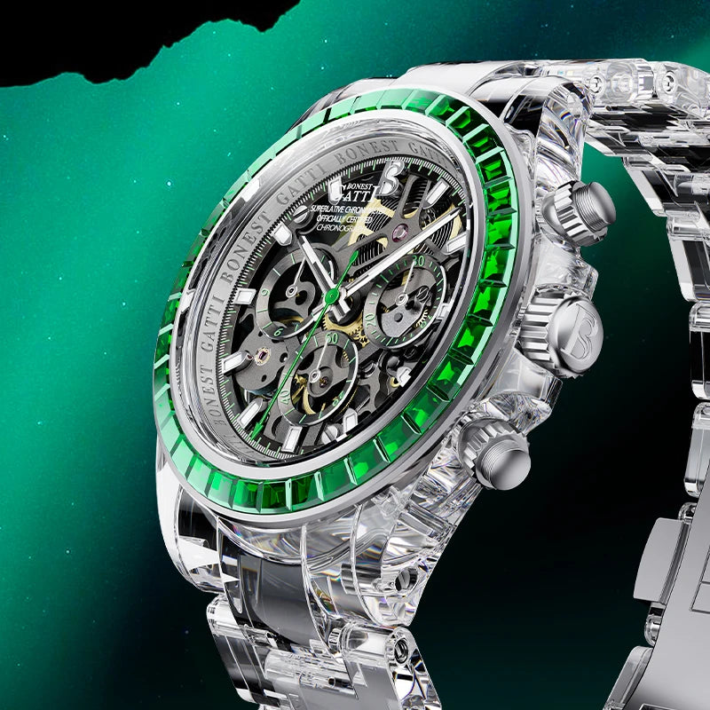 Automatic Mechanical Watch Transparen Crystal Rainbow Bezel Chronograph 30M Waterproof