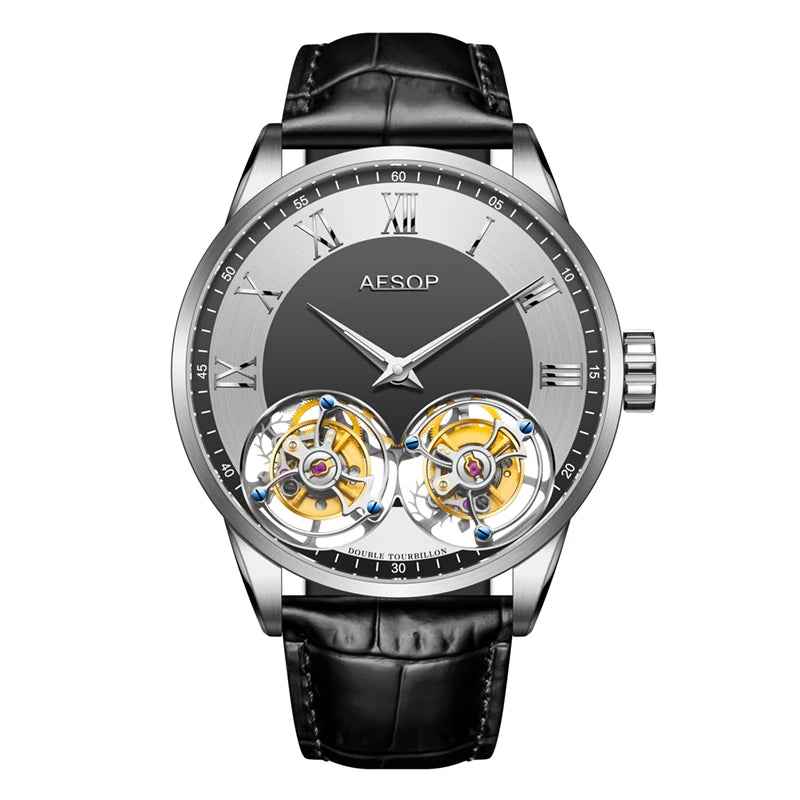Double Tourbillon Manual Mechanical Watch 40H Power Reserve Sapphire Crystal Watch