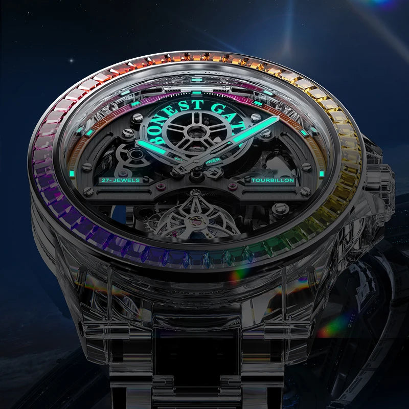 Luxury watch with rainbow-colored case and visible mechanical components on a dark background