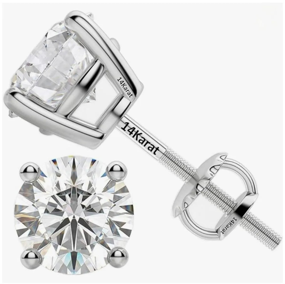 Pair of diamond stud earrings with '14Karat' branding on a white background