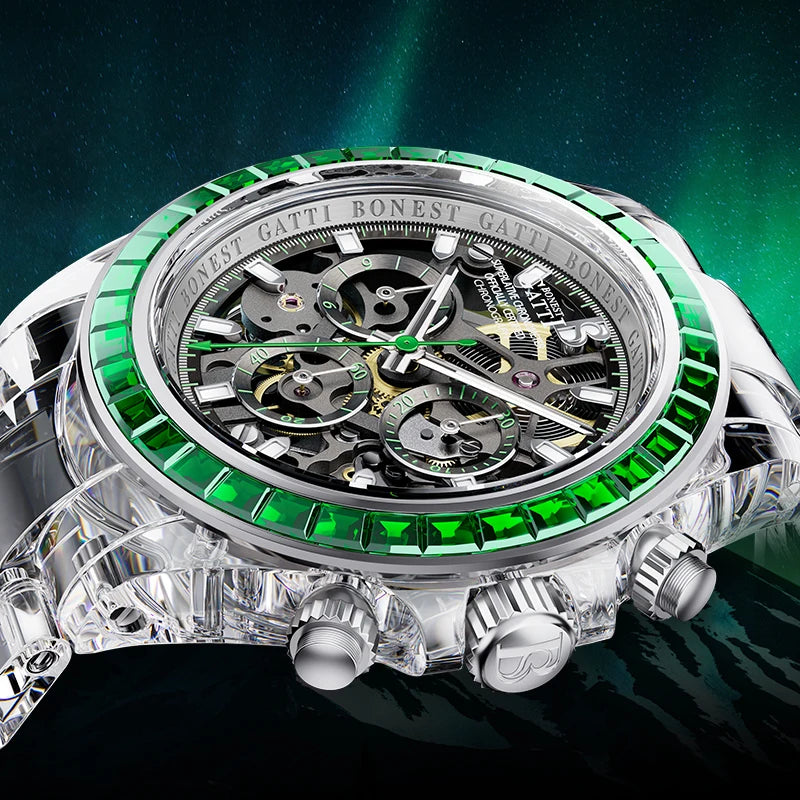 Automatic Mechanical Watch Transparen Crystal Rainbow Bezel Chronograph 30M Waterproof