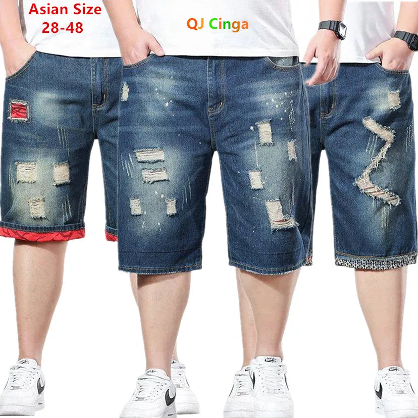 Distressed blue denim shorts being modeled with text indicating size range and brand.