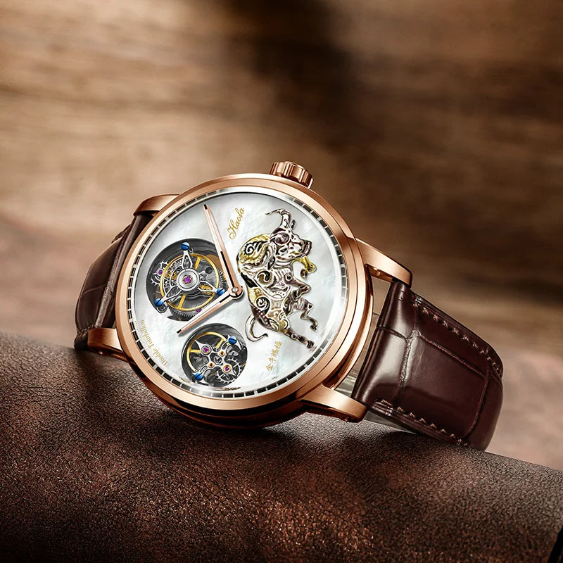 Haofa Double Tourbillon Manual Mechanical Watches For Men Shell Carving Taurus Blessing Crocodile Strap Stainless Steel Case 005