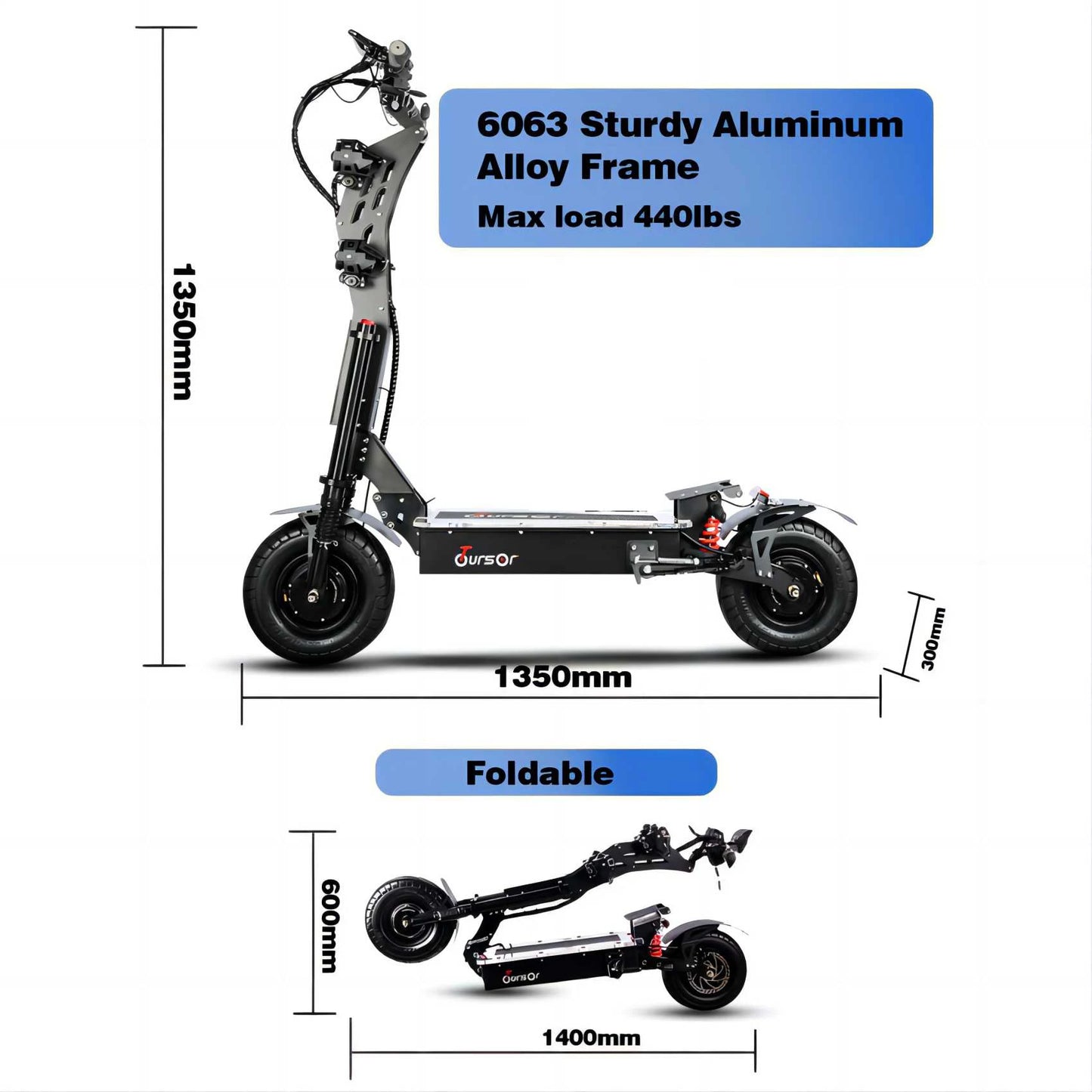 Foldable electric scooter with dimensions and specifications on a white background