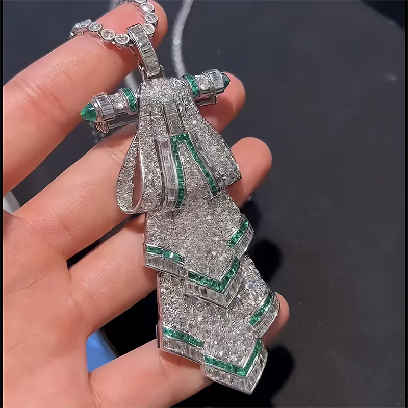 Lab Diamond Brooch Necklace – Round & Emerald Cut Gem