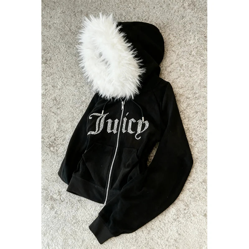 Retro Letter Print Fur Collar Zip Sweatshirt Jacket Unisex