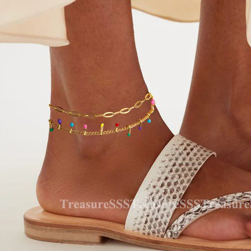 Gold Pearl Chain Anklet – Stainless Steel Beach Bodychain
