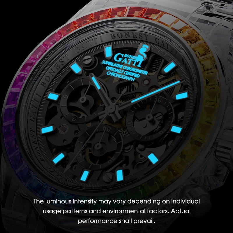 Automatic Mechanical Watch Transparen Crystal Rainbow Bezel Chronograph 30M Waterproof