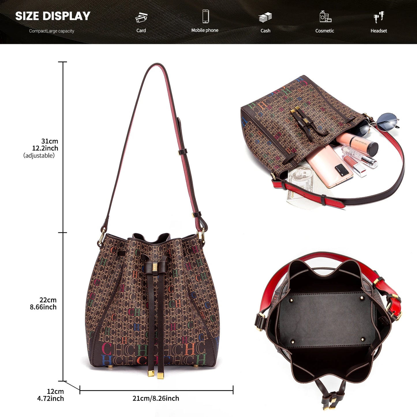 Women's Drawstring Bucket Bag Letter Wallet