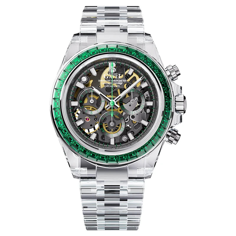 Automatic Mechanical Watch Transparen Crystal Rainbow Bezel Chronograph 30M Waterproof