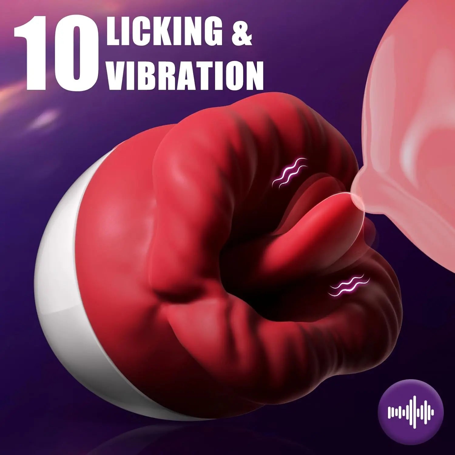 Red boxing glove with wavy lines, labeled '10 Licking & Vibration', on a purple background.