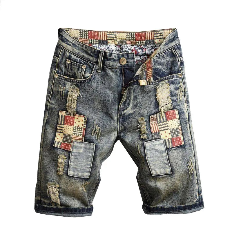 Ripped Blue Denim Shorts Casual Pockets Patch Shorts