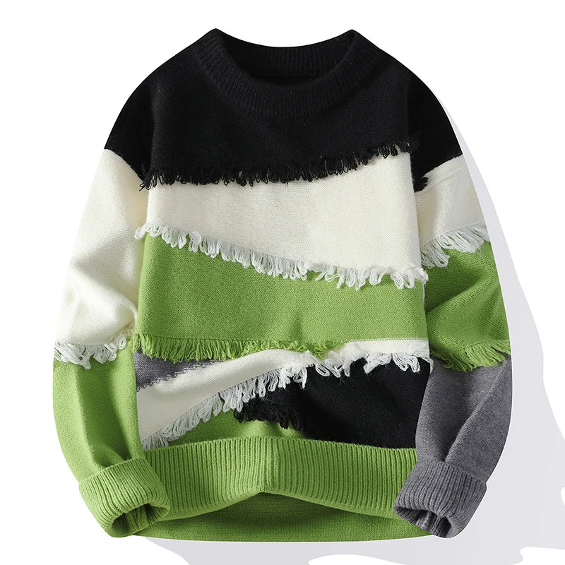 Patchwork Fringe Knit Pullover | Round Neck Sweater