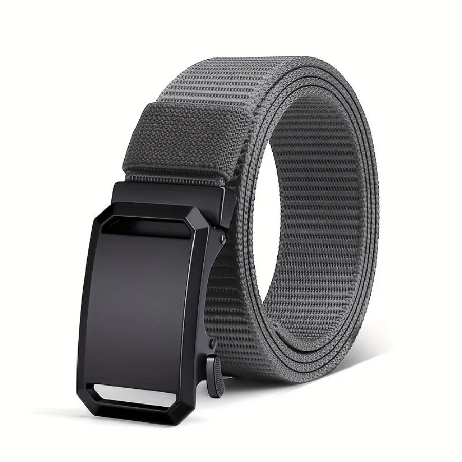 Gray belt with a black buckle on a white background