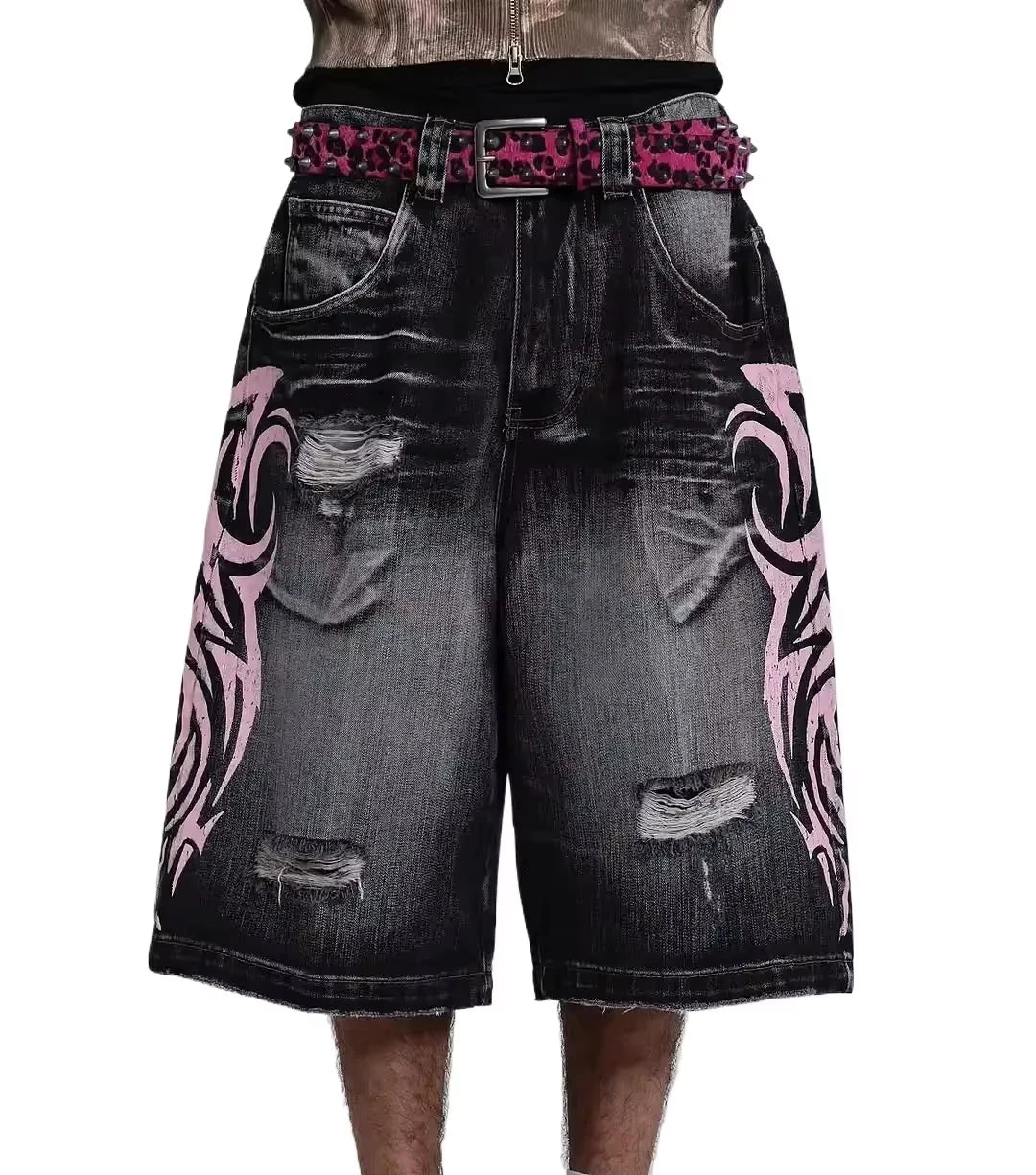 Gothic Embroidery Denim Shorts Mens Jean Shorts