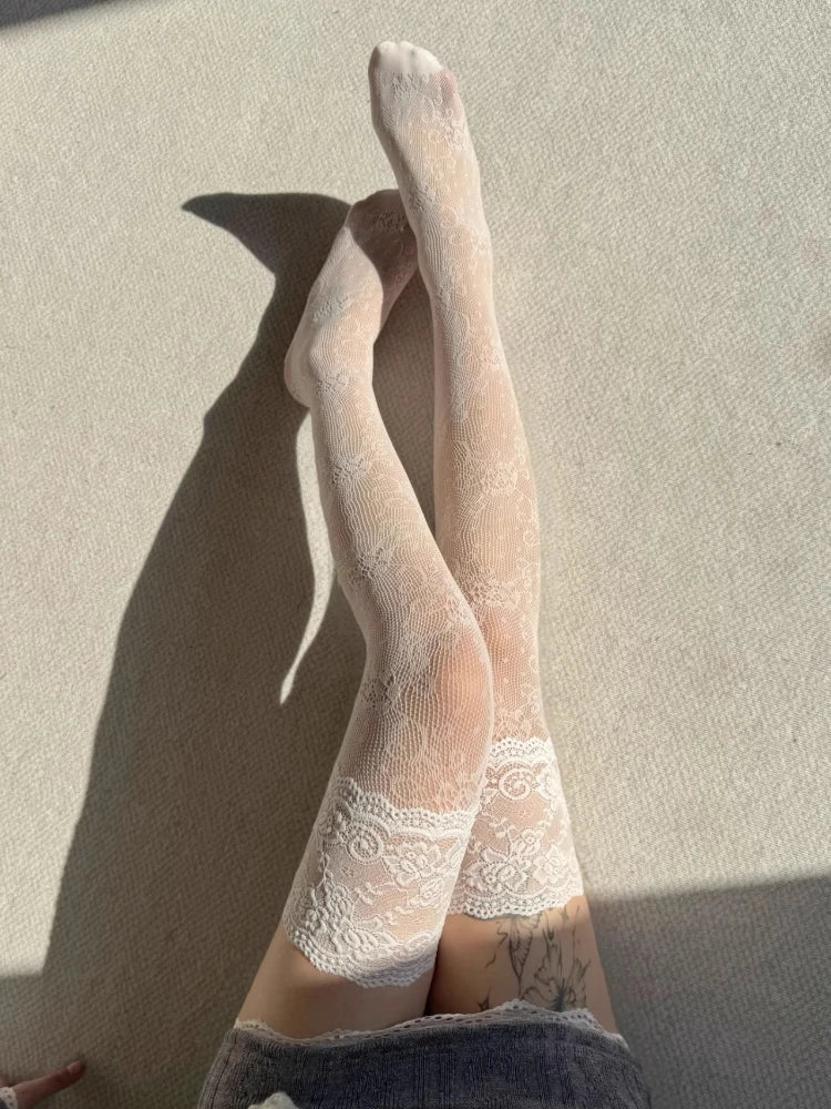 Women's Lace Trim Fishnet Thigh High Socks Over Knee