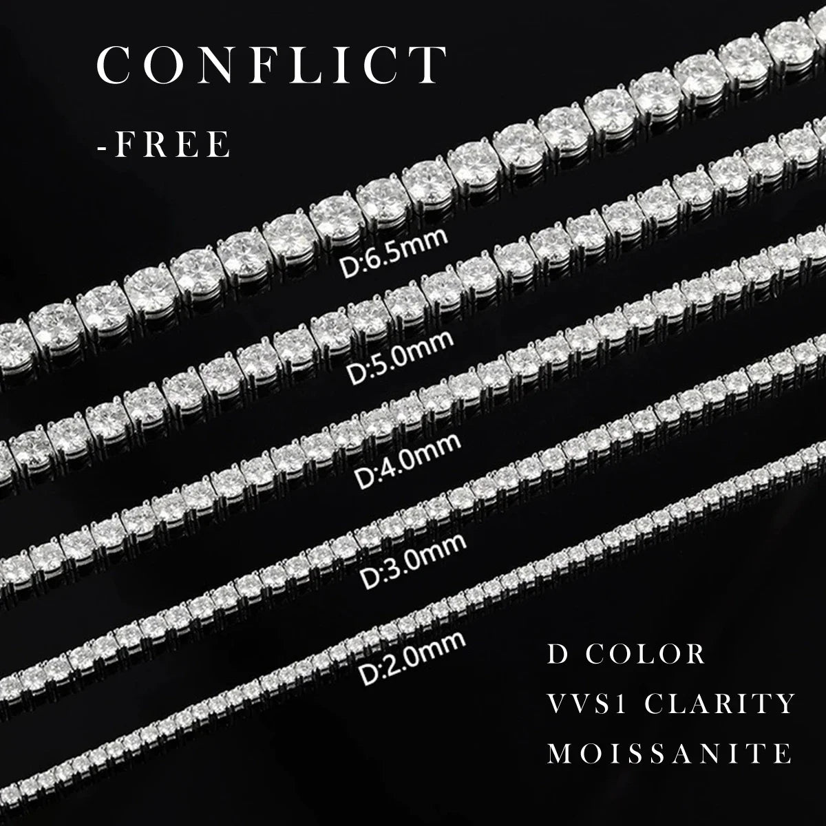 Set of diamond chains with size labels on a black background