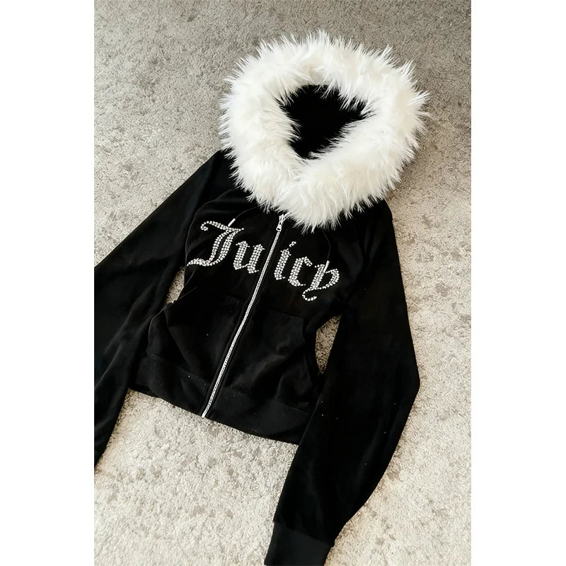 Retro Letter Print Fur Collar Zip Sweatshirt Jacket Unisex