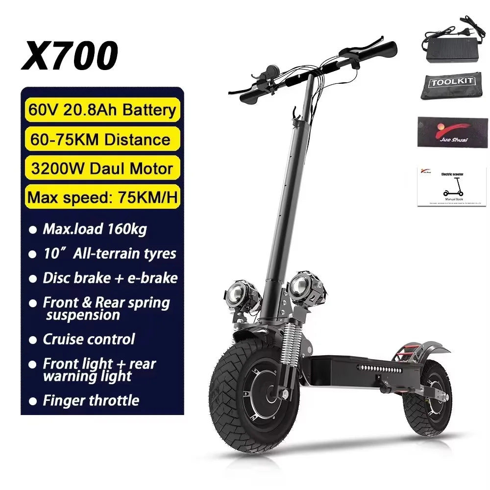 Electric scooter with specifications on a white background