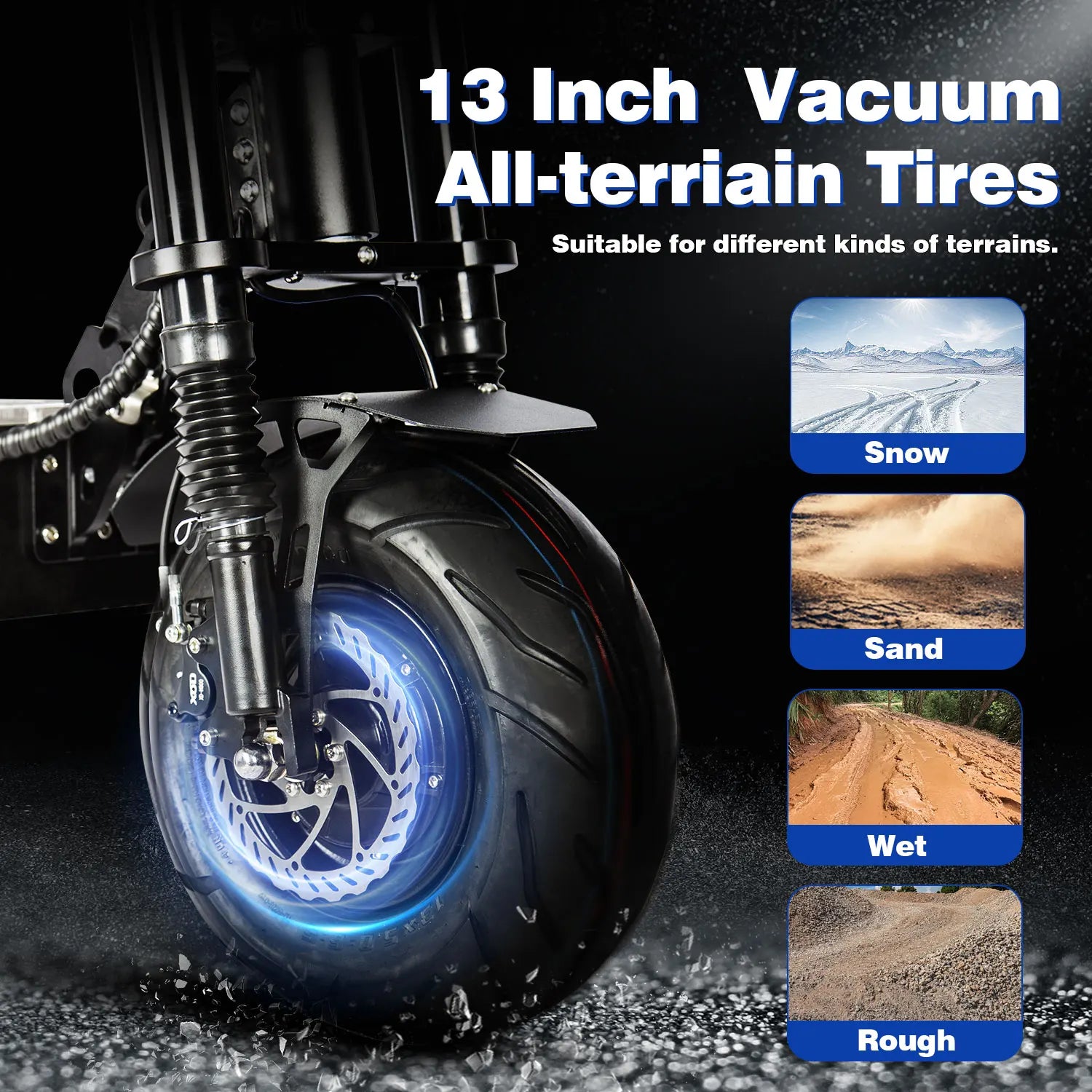 13 inch vacuum all-terrain tire with images of different terrains on a black background