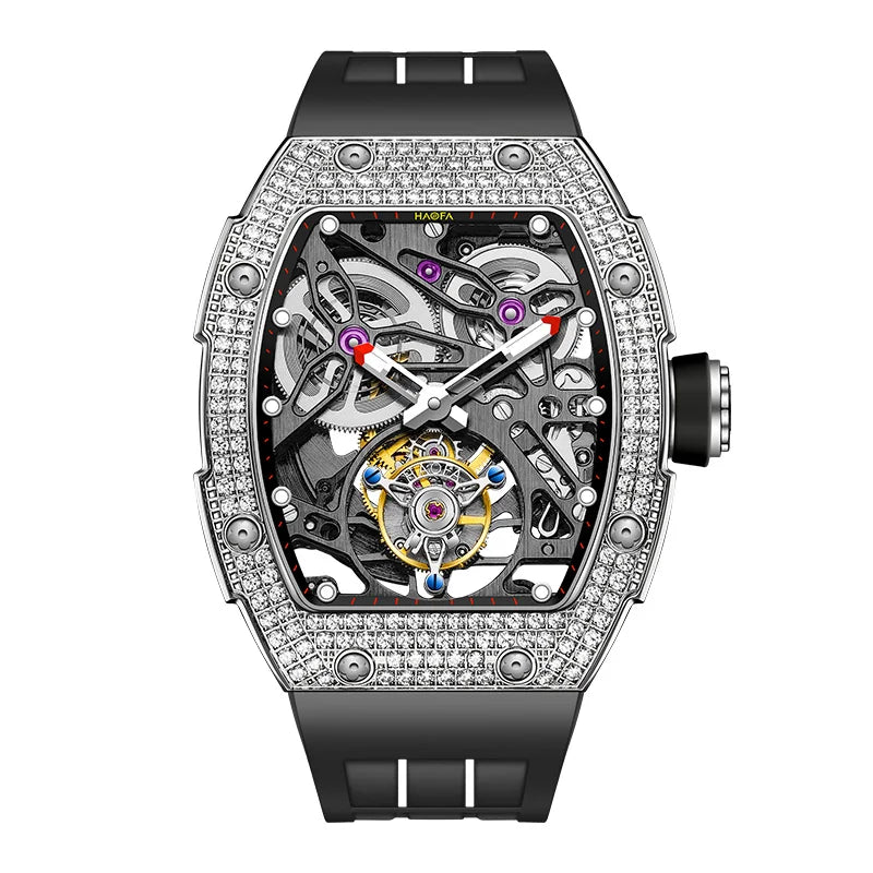 Haofa 1901 Skeleton Automatic Tourbillon Movement Watch For Men Luxury Diamond Case Mechanical Tourbillon Sapphire Mens Watch