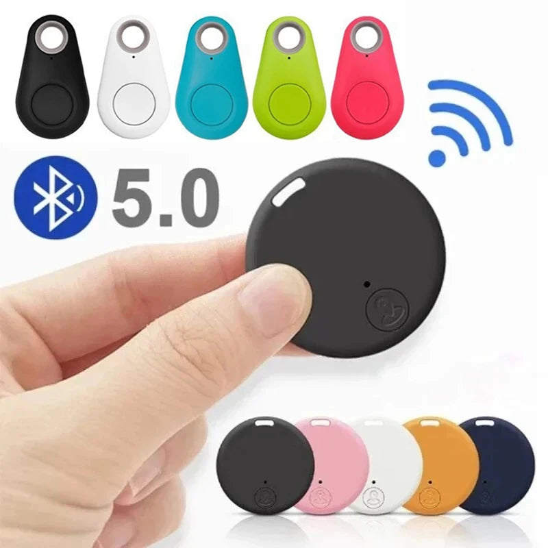 Colorful Bluetooth tracking devices with a hand holding one, and Bluetooth 5.0 logo.