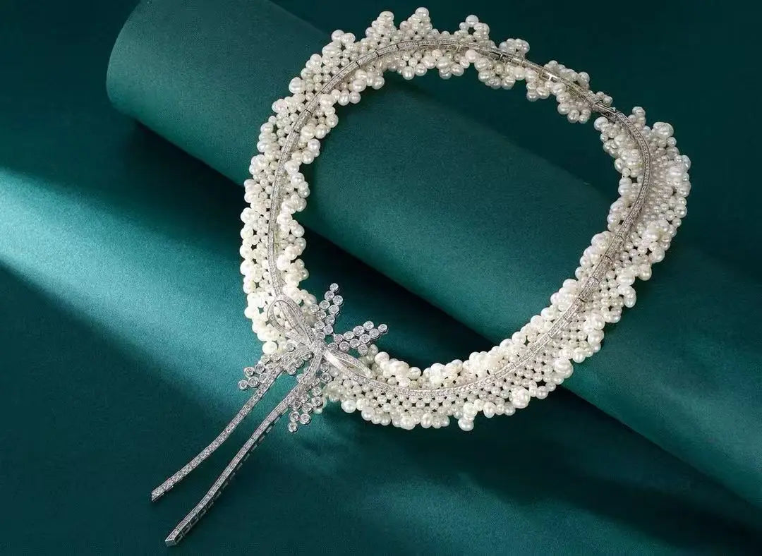 8.96ct Diamond Pearl Necklace 18K White Gold Women's