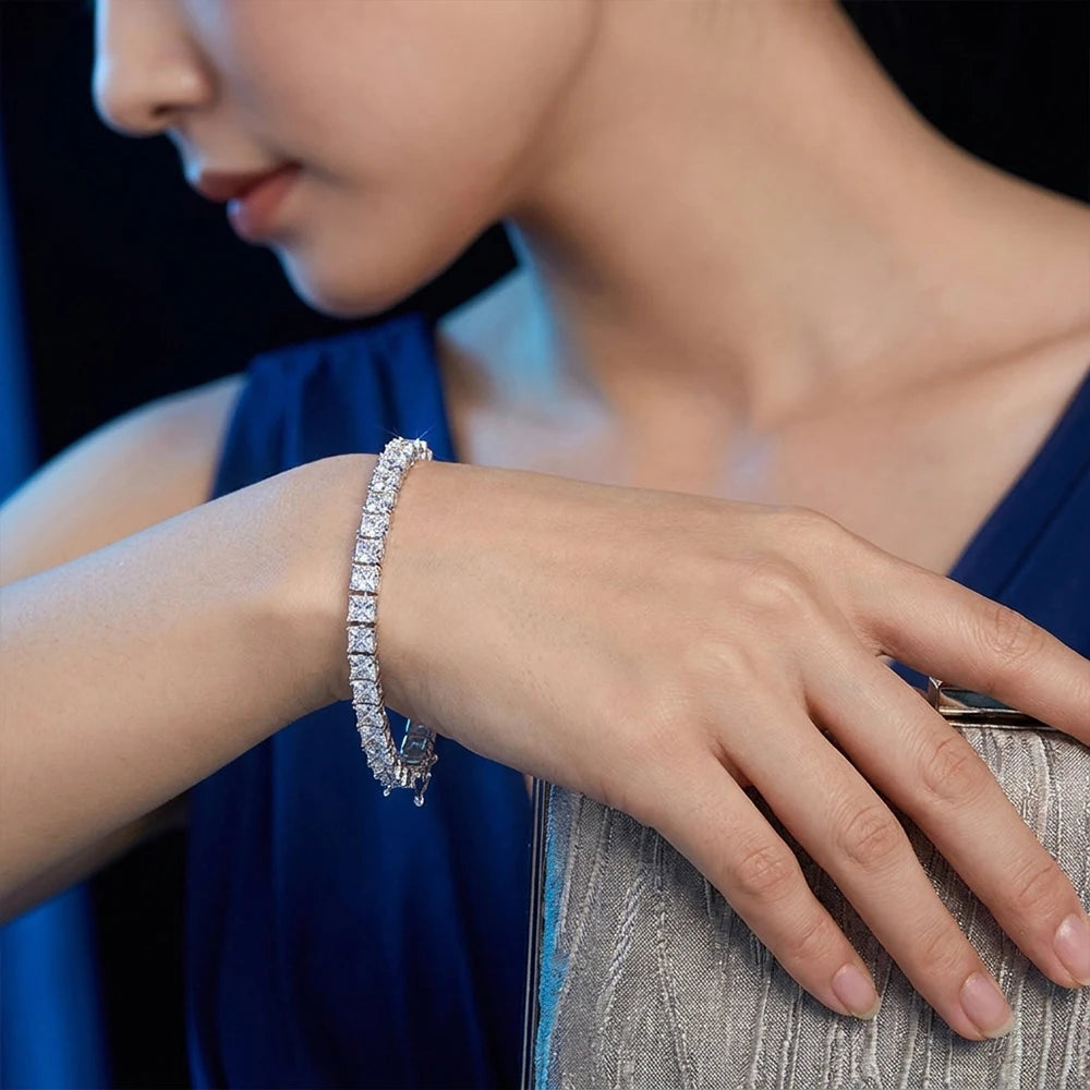 GRA Princess Cut Moissanite Bracelet 925 Silver 18K Gold