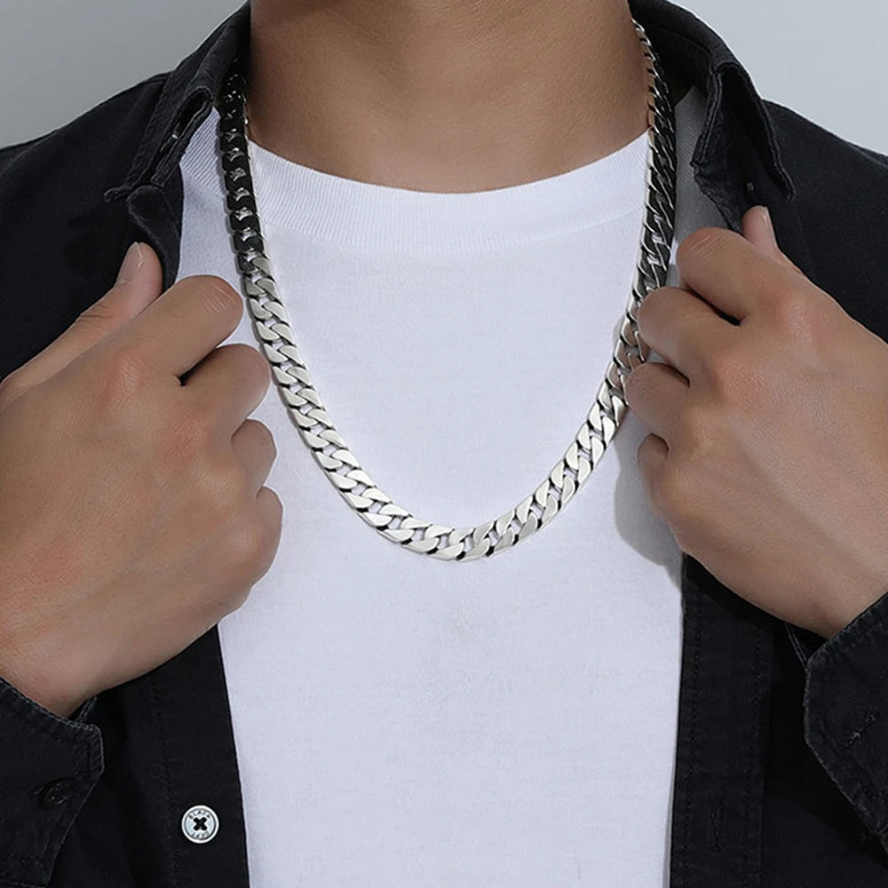 S925 Sterling Silver 15MM Extra-Wide Necklace Cuban Curb Chain Figaro Fine Jewelry