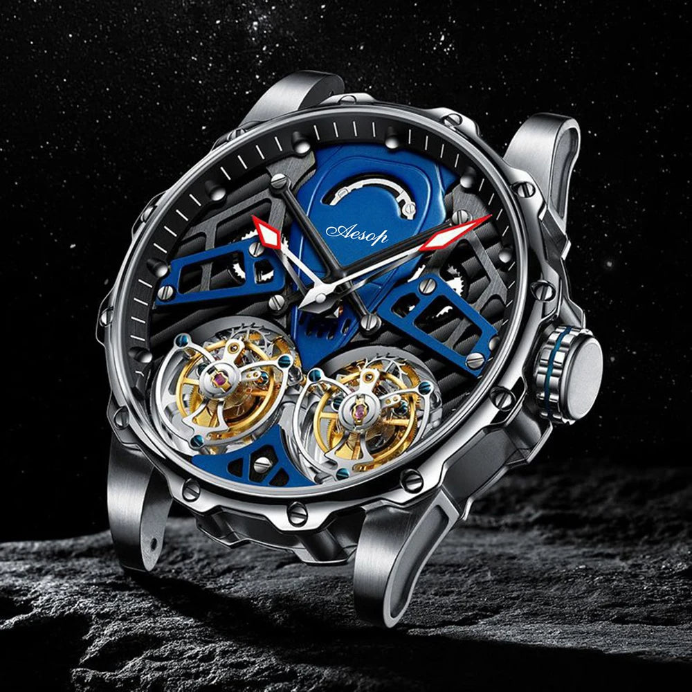 Double Flywheel Tourbillon Mechanical Watch Hollow Skeleton Glow Wristwatch