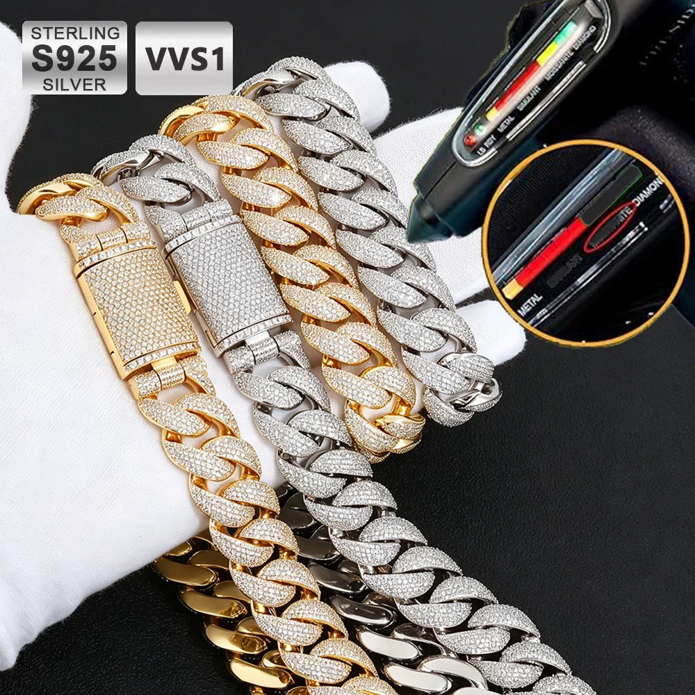 Thick 22mm Inlaid With 5 Rows Rivieras in VVS1 Moissanite Cuban Link Necklace Iced Out 925 Sterling Silver Fine Men's Necklace