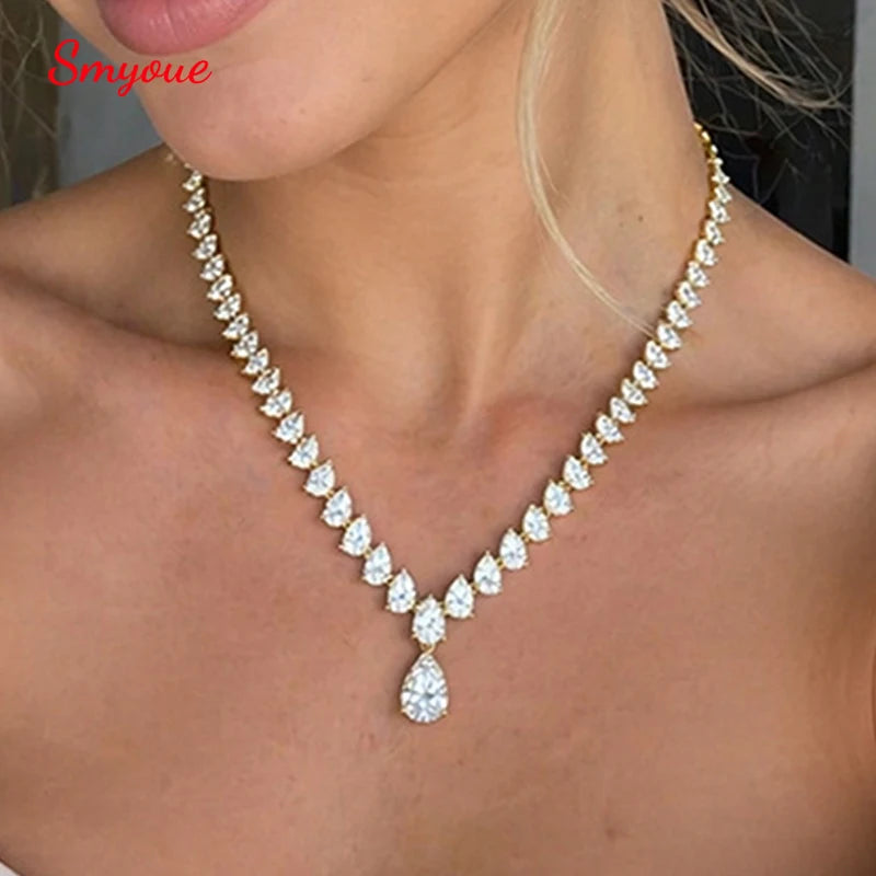 Diamond necklace being worn on a model with 'Smyoue' branding.