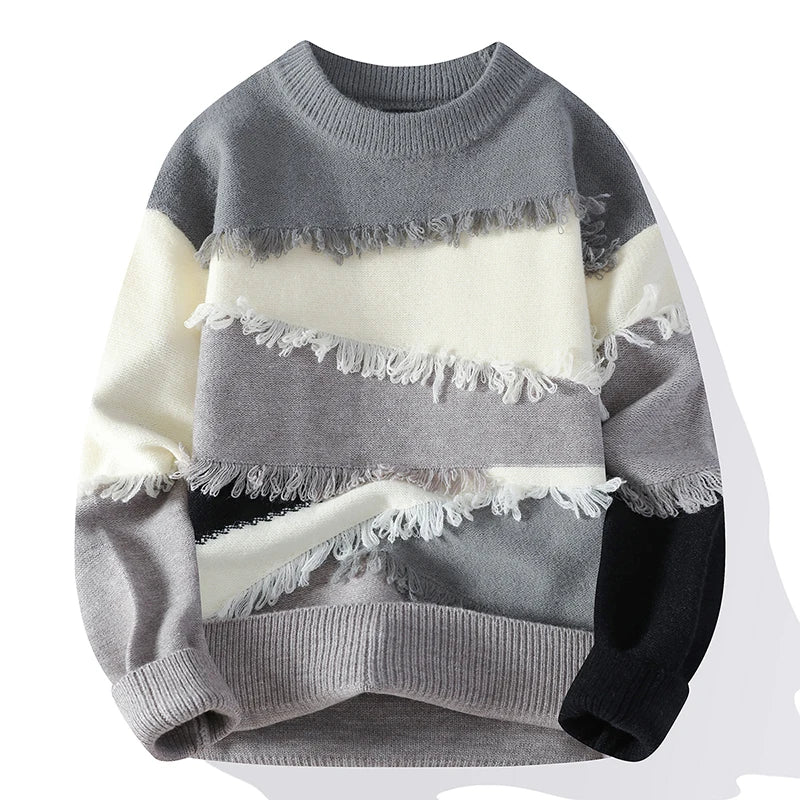 Patchwork Fringe Knit Pullover | Round Neck Sweater