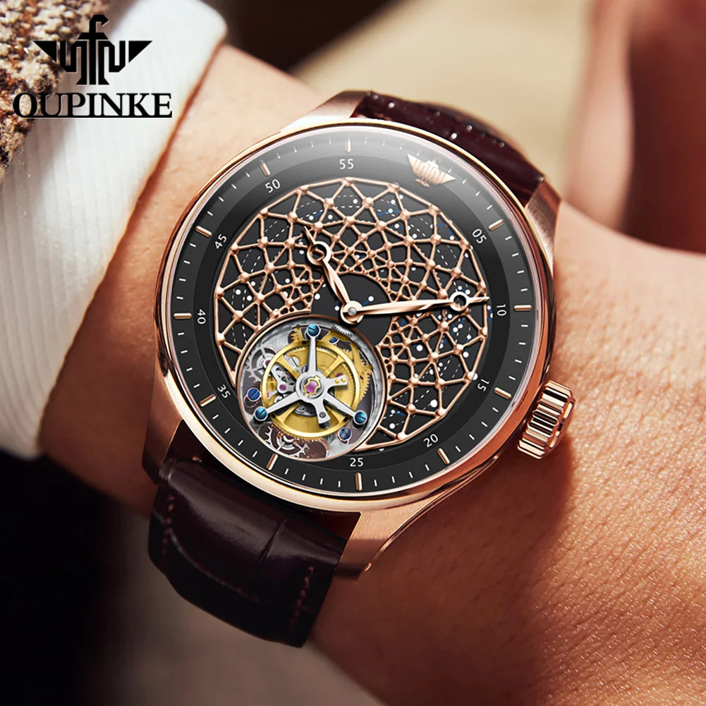 A close-up of a wrist wearing a UQPINKE automatic skeleton watch with a rose gold case, black dial, and dark brown leather strap.