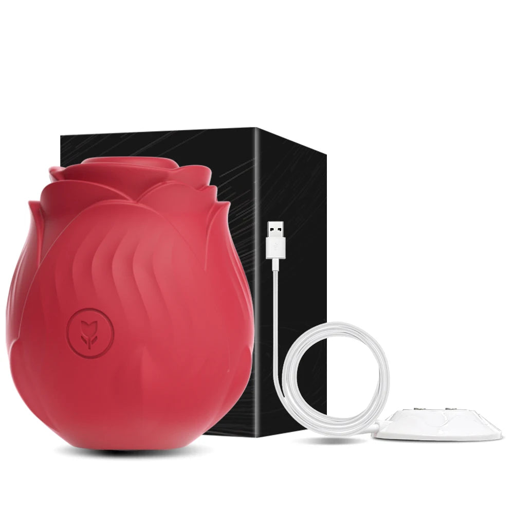 Red rose-shaped device with packaging and cable on a white background