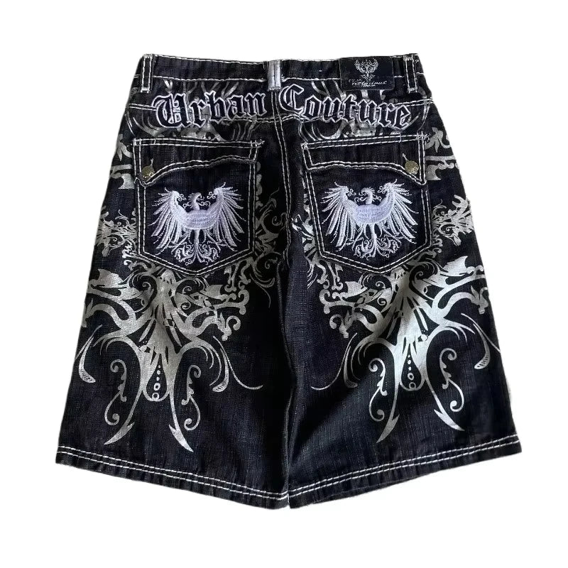 Gothic Embroidery Denim Shorts Mens Jean Shorts