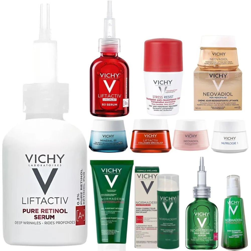 Collection of Vichy skincare products on a white background