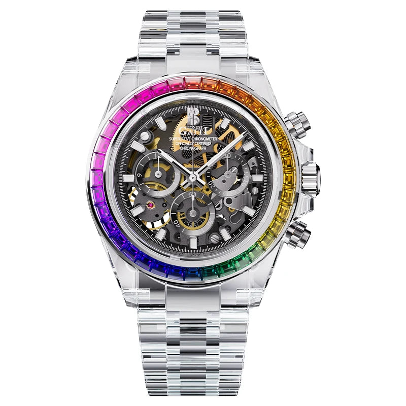 Automatic Mechanical Watch Transparen Crystal Rainbow Bezel Chronograph 30M Waterproof