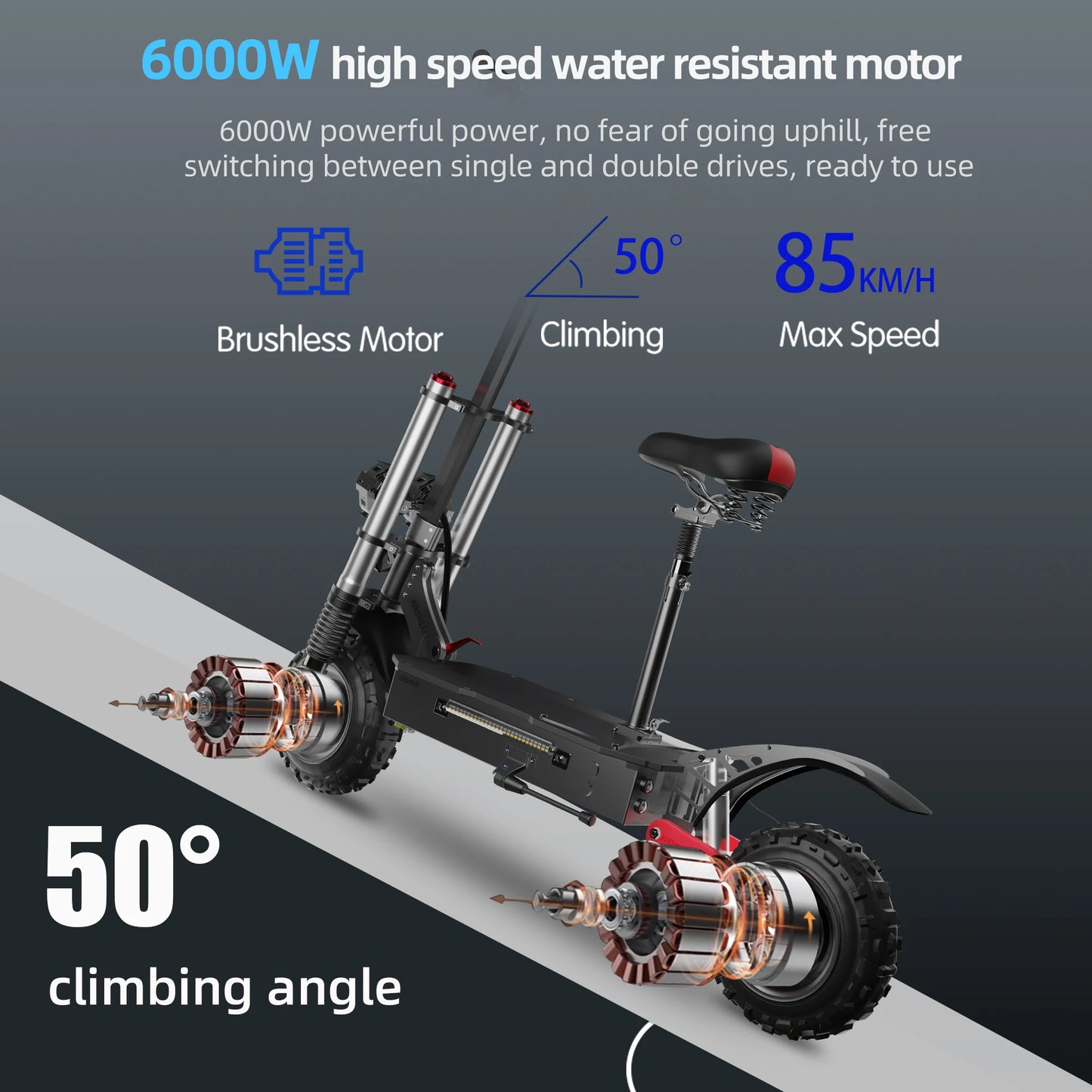 Electric scooter with technical specifications on a dark background