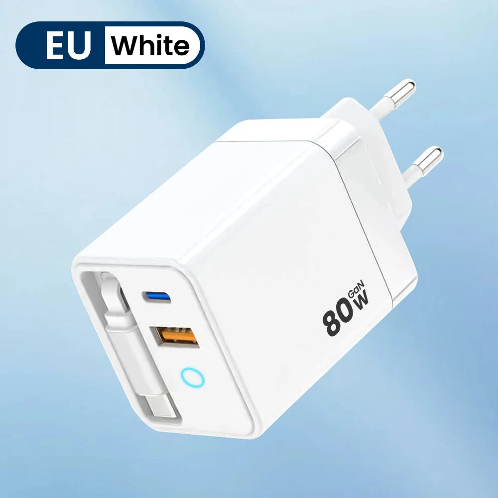80W Super Fast USB-C Charger Telescopic Cable LED