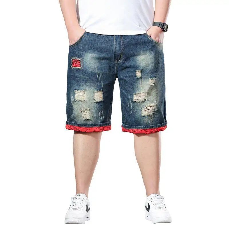 Ripped Blue Denim Shorts Casual Pockets Patch Shorts