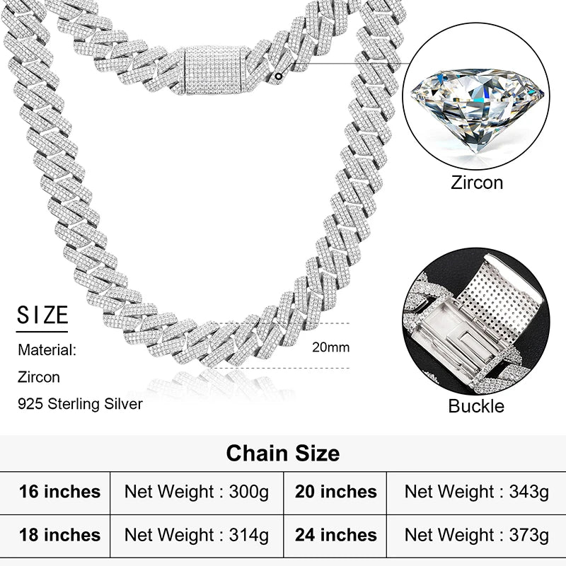 925 Sterling Silver 20mm 3 Row Cubic Zircon Men Cuban Chain Iced Out High Quality Hip Hop Jewelry Gift Dropshipping - Teglex