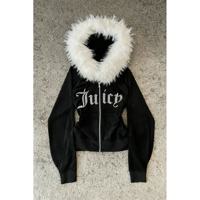Retro Letter Print Fur Collar Zip Sweatshirt Jacket Unisex